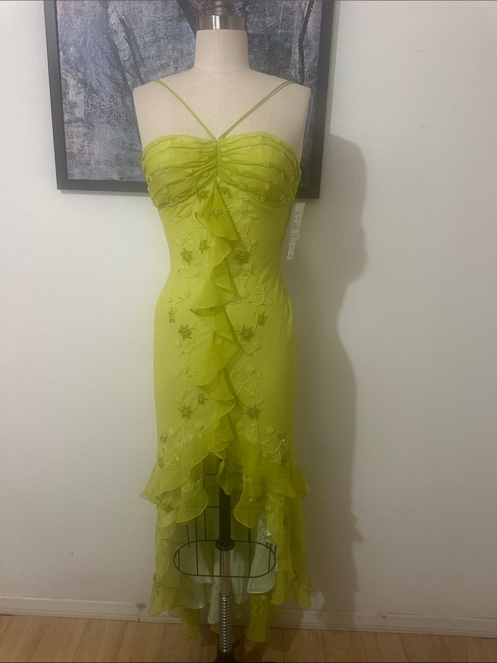 Scala Lime Green High-Low Ruffle Spaghetti Strap Dress